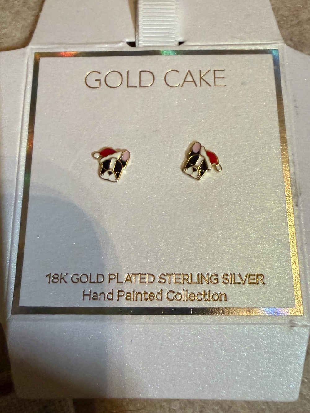 18K Gold-Plated Sterling Silver Hand-Painted White & Red Dog Stud Earrings